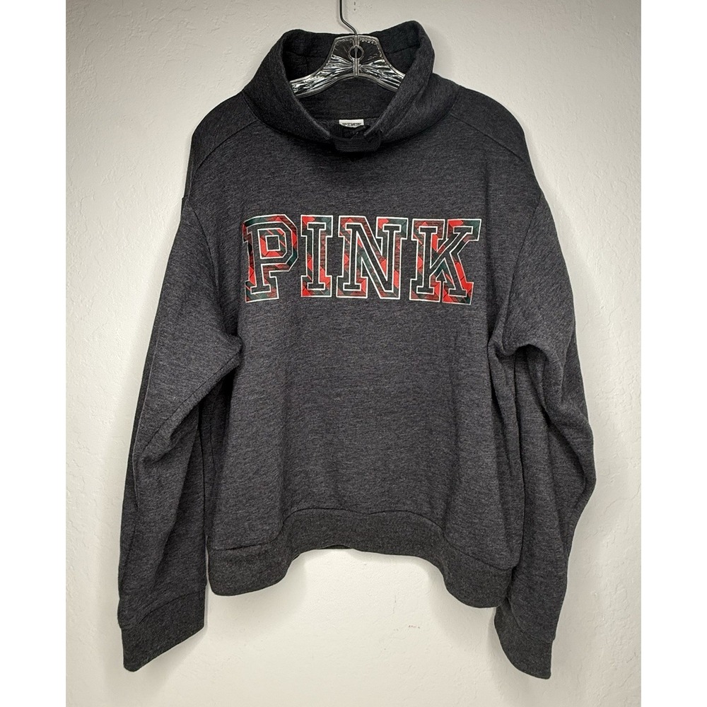 PINK Victorias Secret Campus Cowl Neck Sweater Top Grey Plaid Sz L Christmas Y2K